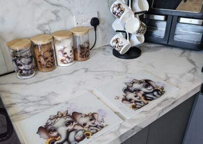 A image sent from customer. Custom made kitchen set, Tea Coffee sugar set, china mugs and 2 chopping boards